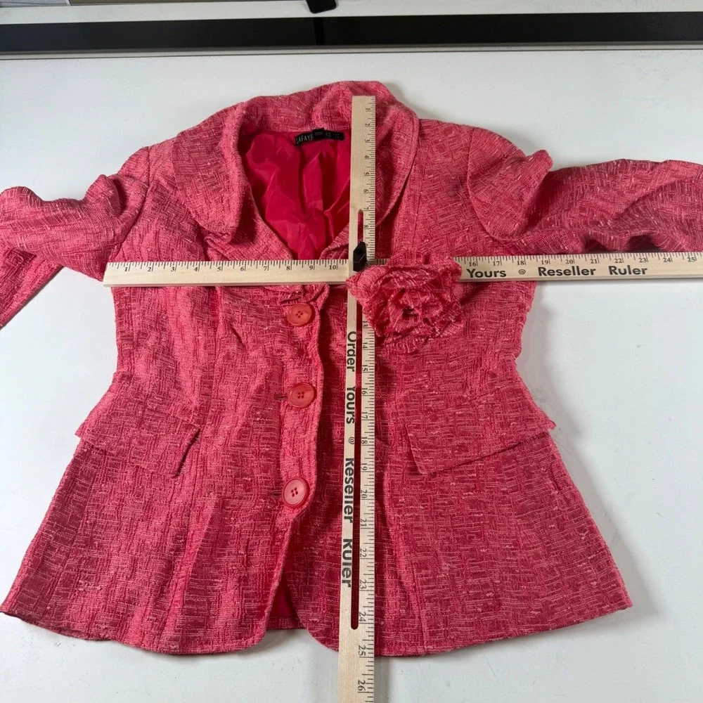 Lafayette 148 New York Pink Tweed Blazer Jacket with Rosette Detail Womens Sz 6